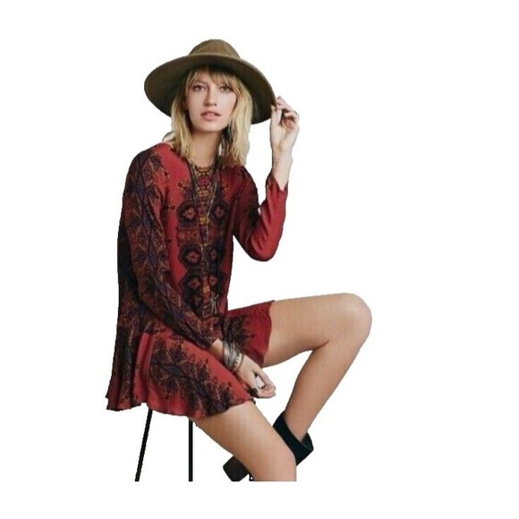 Free People Boho Dress Women's S Red Smooth Talker Paisley Open Back Tunic - Picture 1 of 7